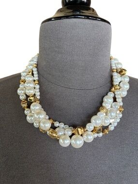 Vintage Faux Pearl Gold Tone Necklace Chunky Multi Strand Statement Classic 20"